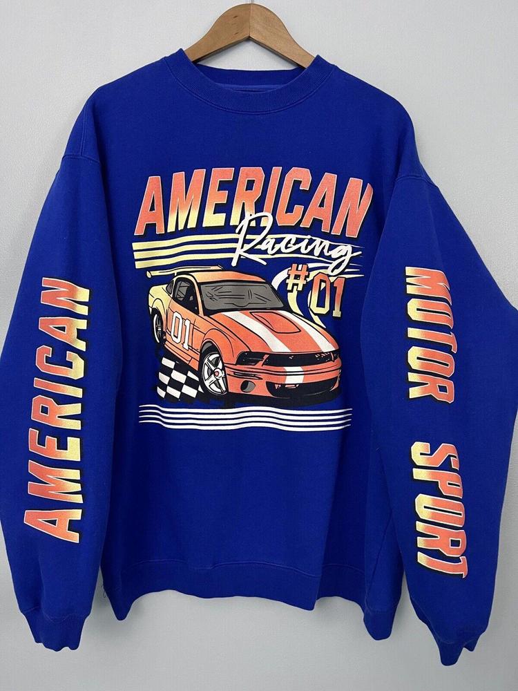 American Racing Motor Sport Sweatshirt Blue Obsessive Love Race Car 2sided sz L